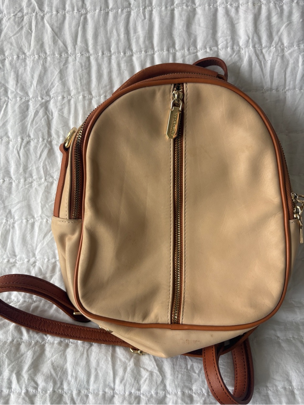 Valentina Beige Mini Backpack with Brown Trim and Gold Hardware